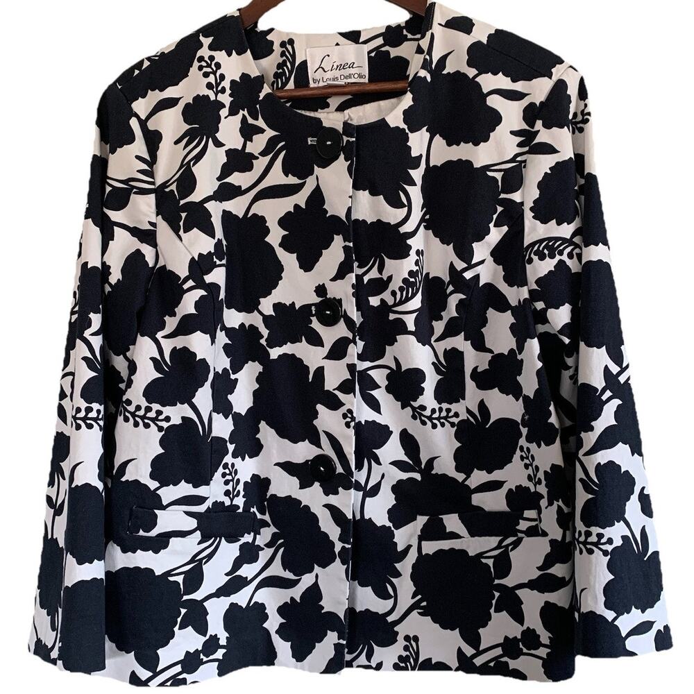 Linea by Louis Dell'Olio Women’s Boxy Swing Jacket Size XL Black & White Floral